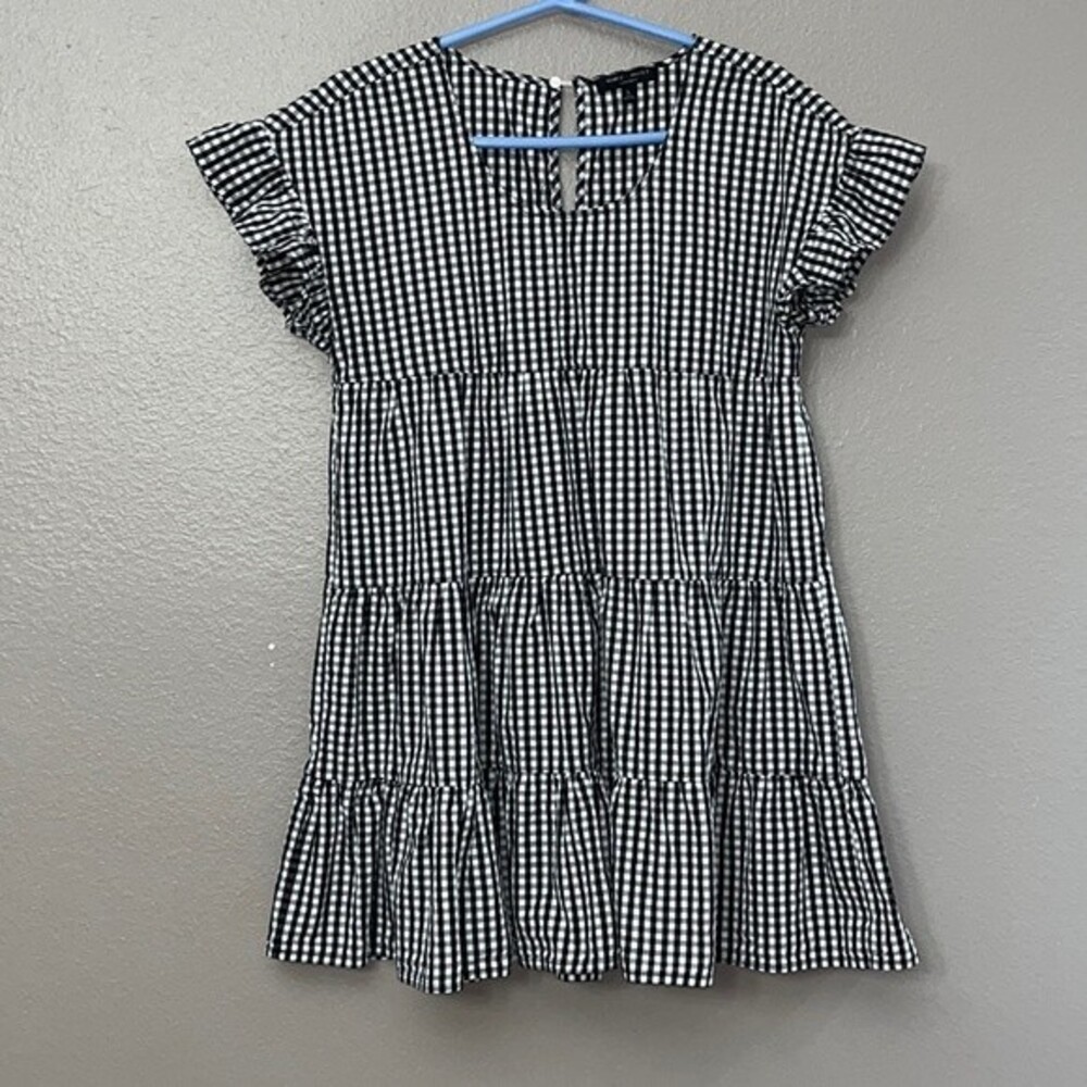 Romeo + Juliet Couture black white gingham A-line tiered ruffle babydoll dress L